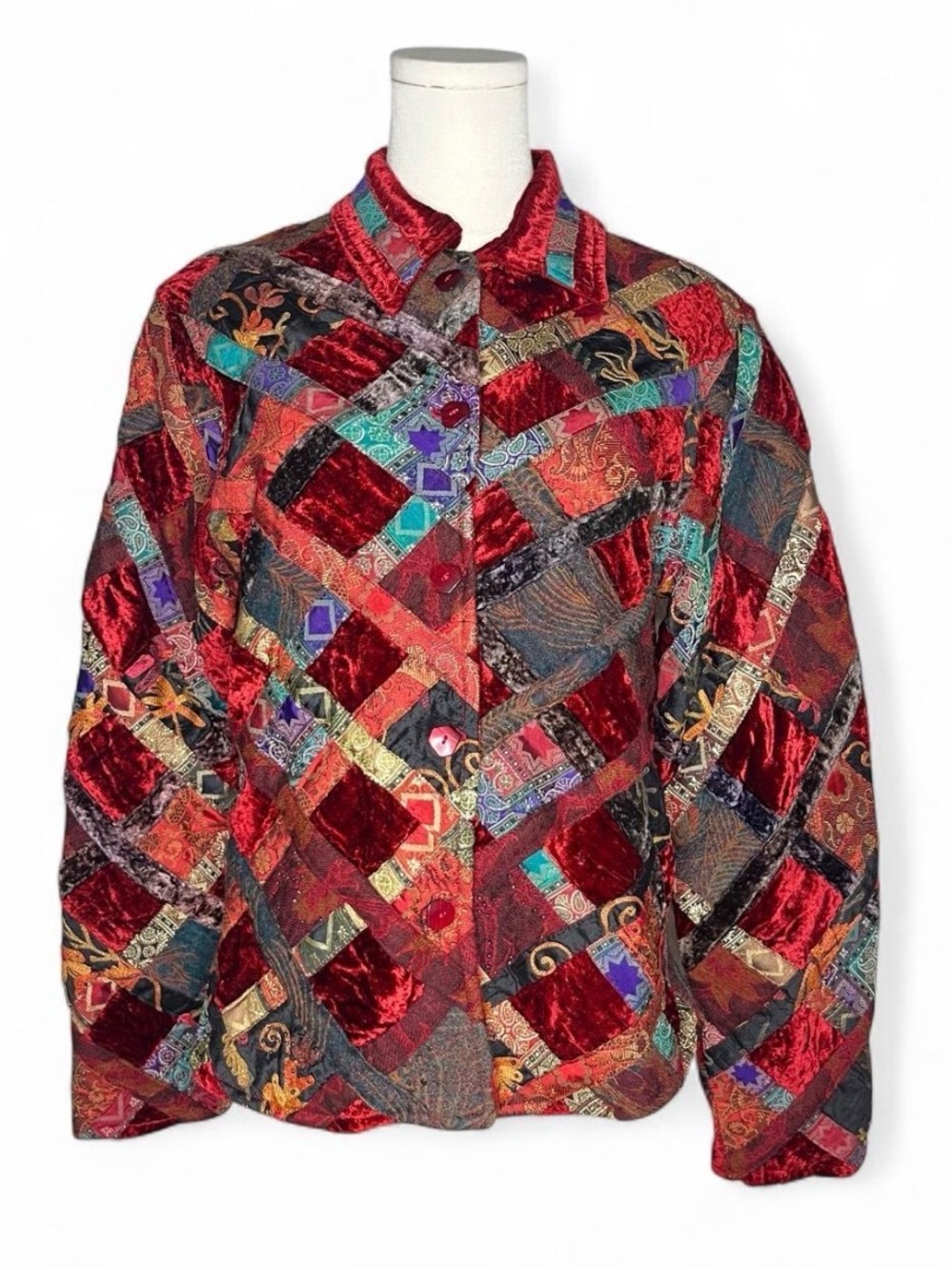 Vintage Coldwater Creek Red Patchwork Tapestry Velvet Mixed Media Jacket